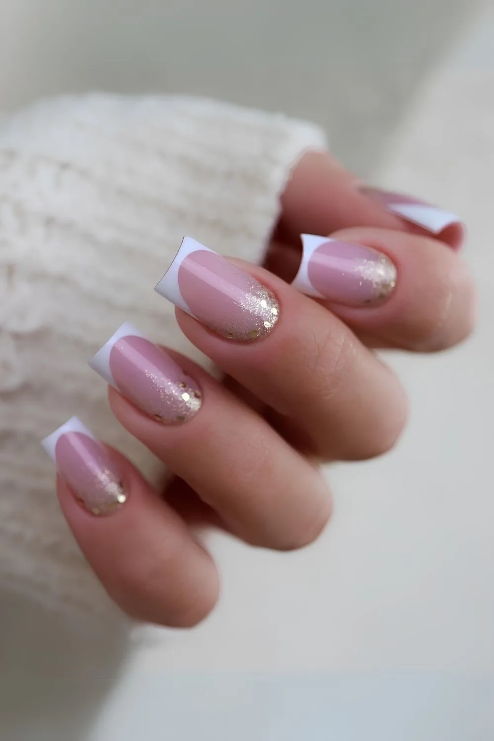 White French nails with cuticle glitter