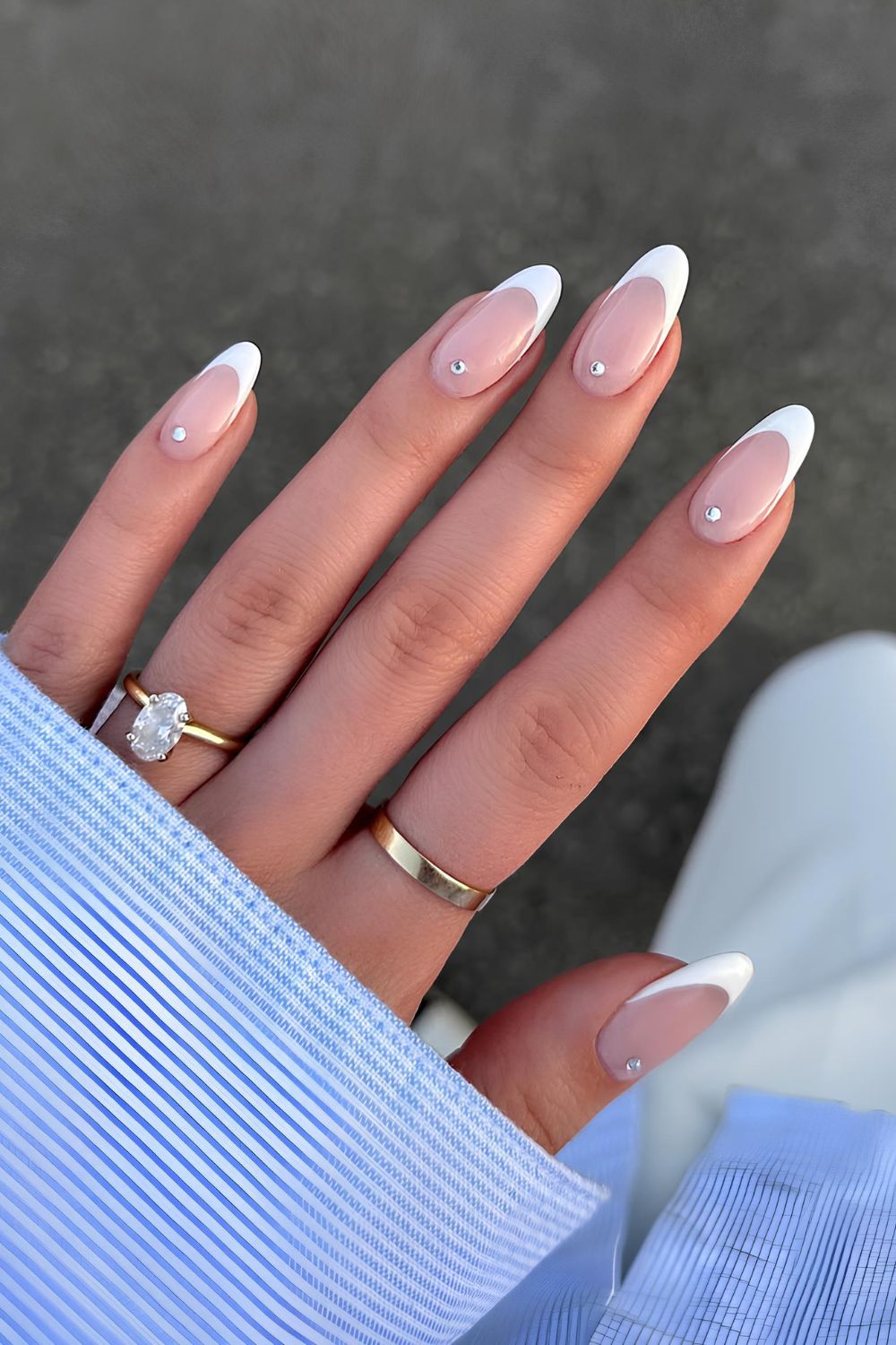 White French nails with cuticle rhinestones