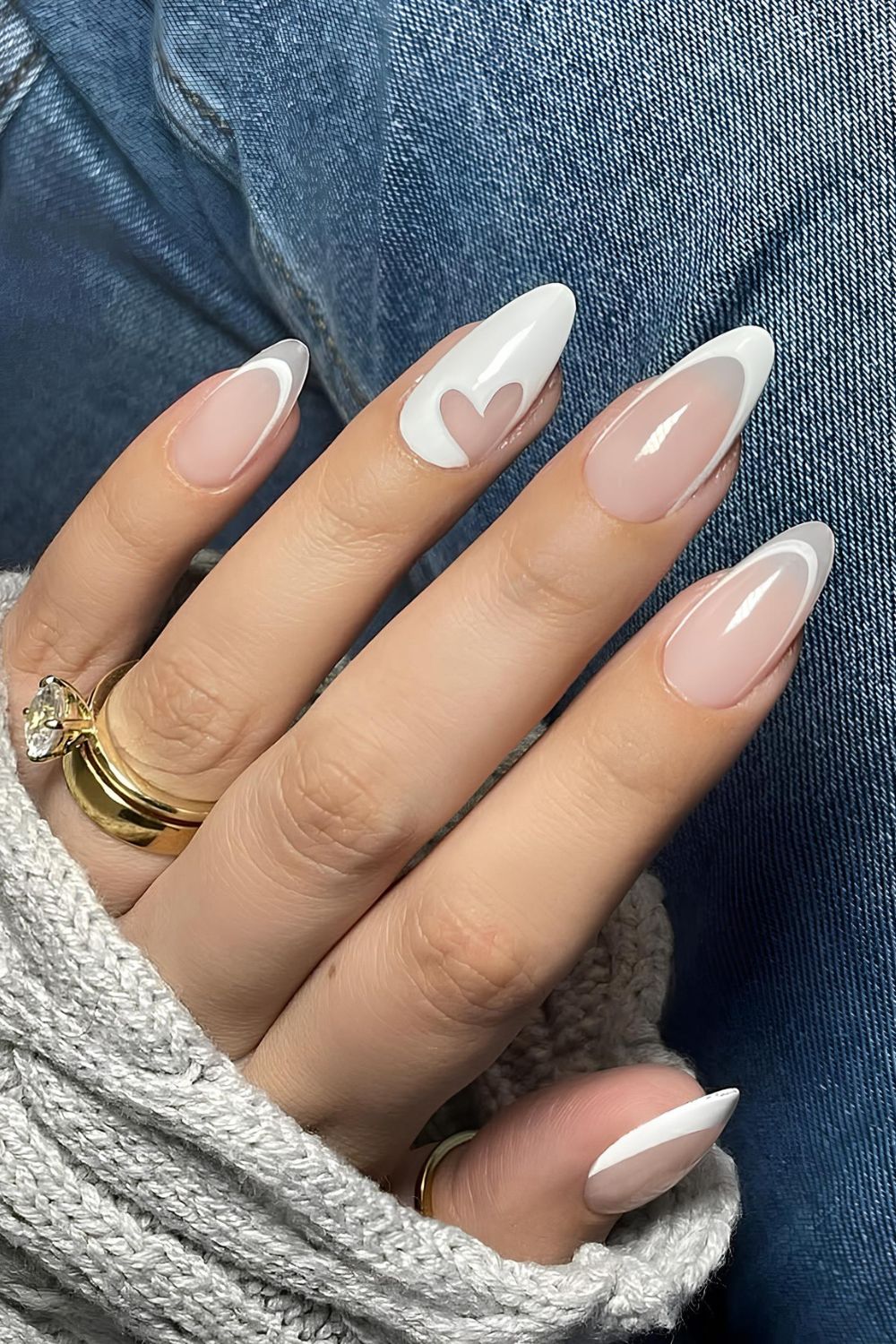 White French nails with negative space hearts