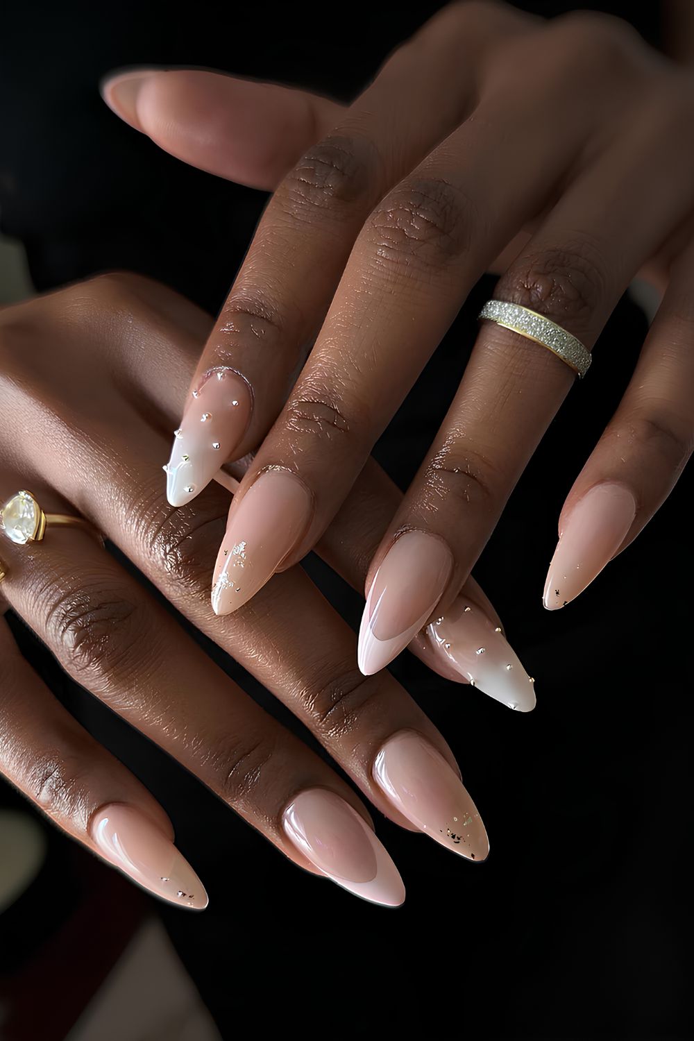 White French nails with ombre and pearl accents