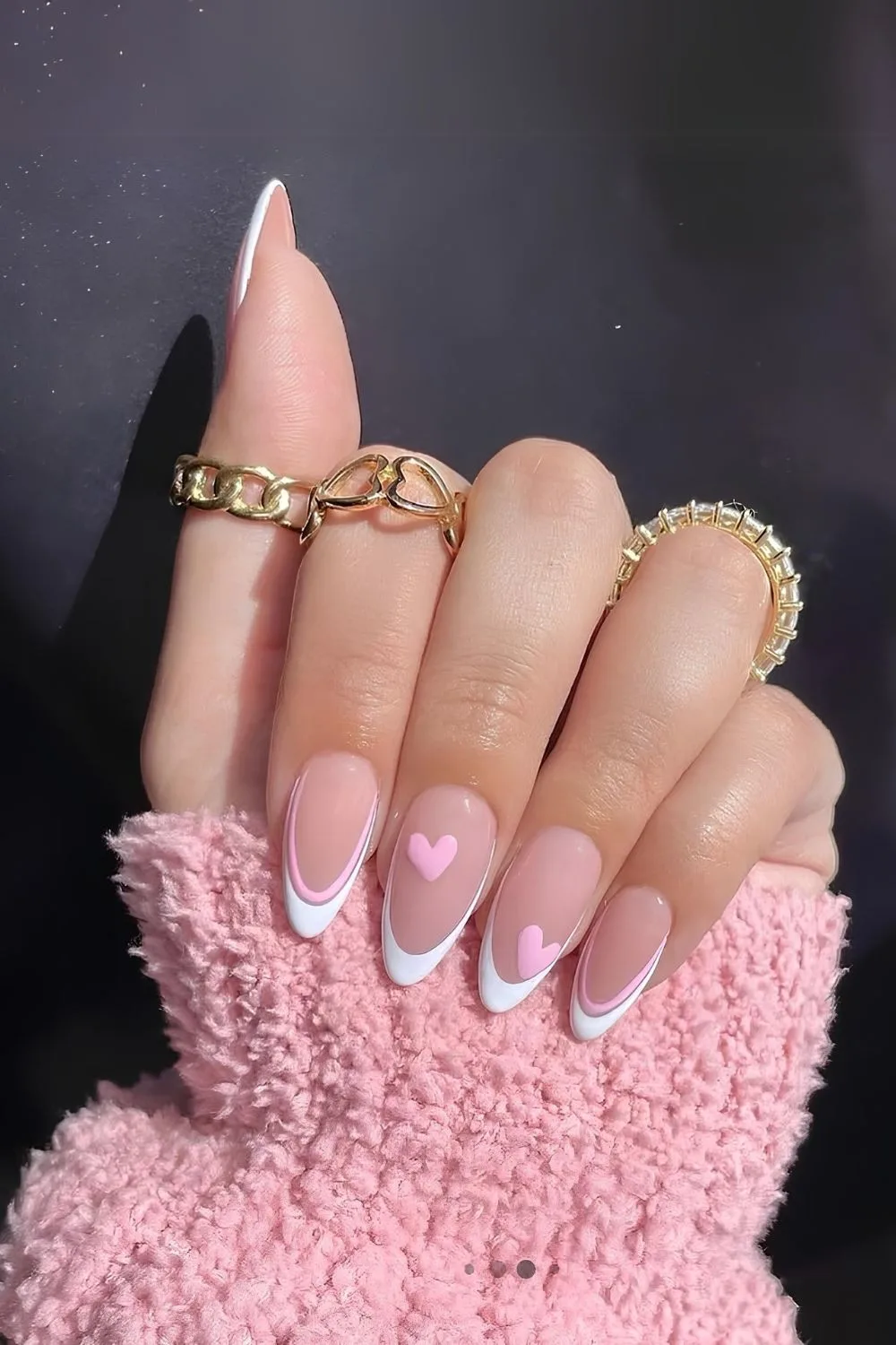 White French nails with pink hearts