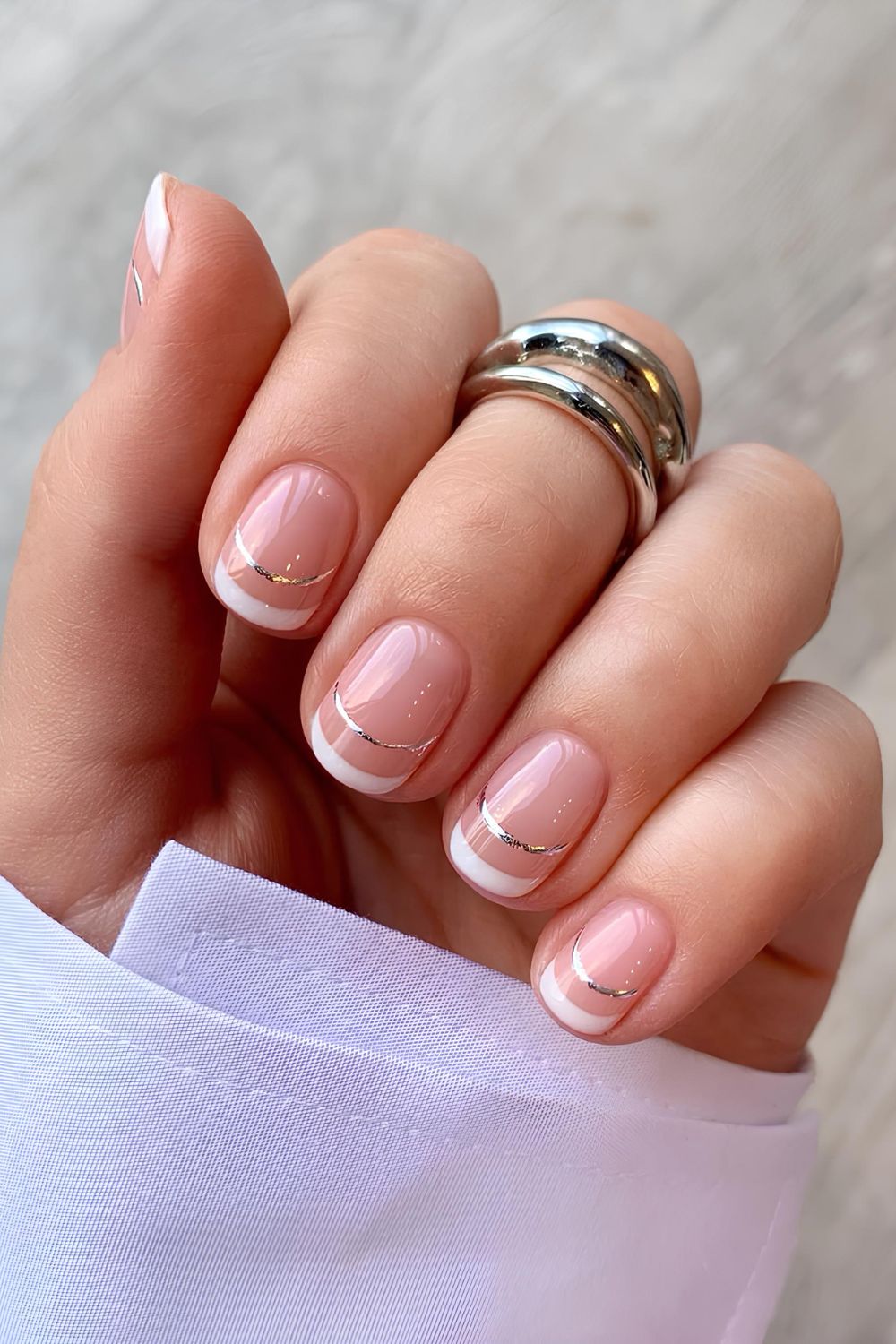 White French nails with silver lines