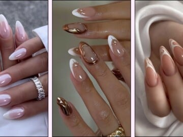 A collage of white French tip nail designs