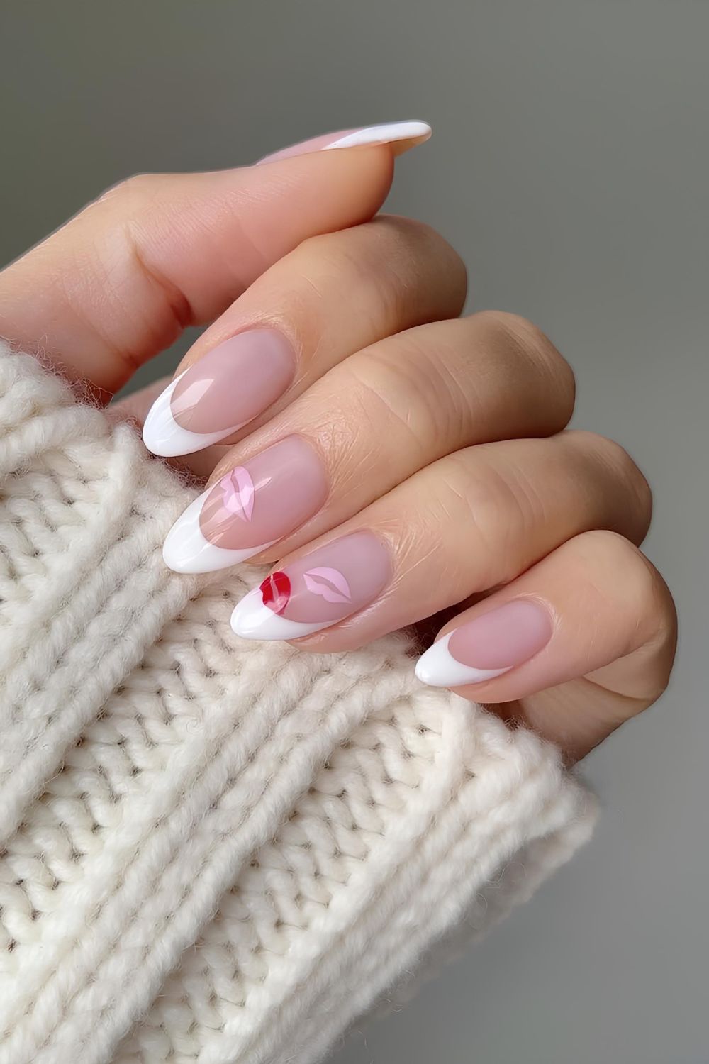 White French tips with red and pink kissy lips details