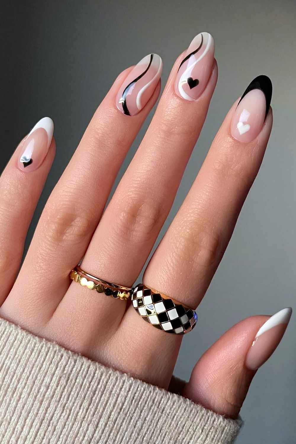 White and black French mani with line and heart art