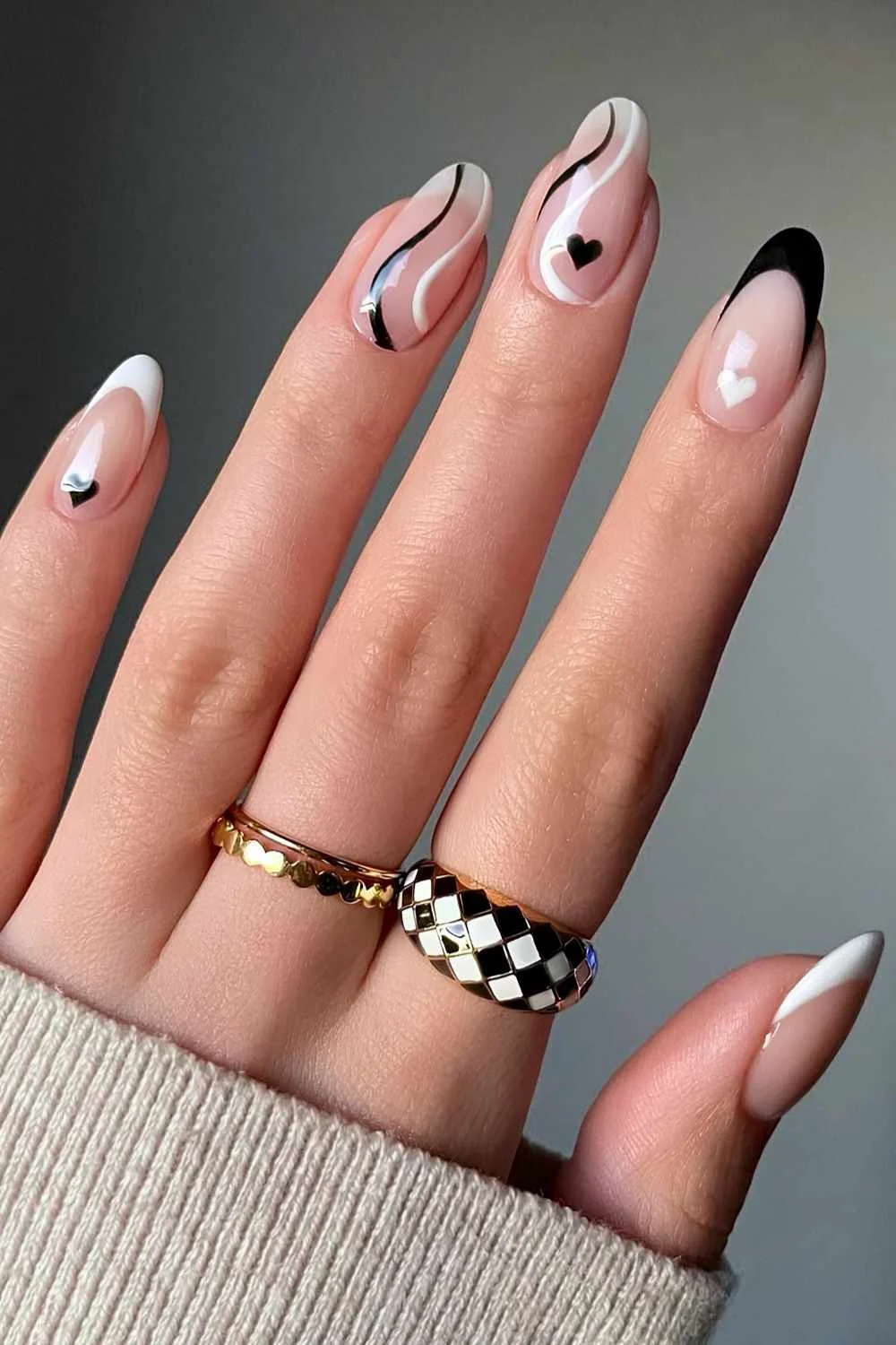 White and black French mani with line and heart art