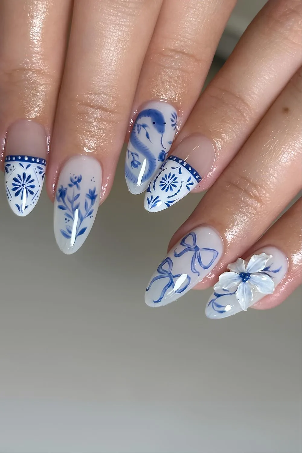 White and blue snake nails