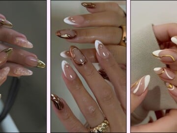 A collage of white and gold nail designs