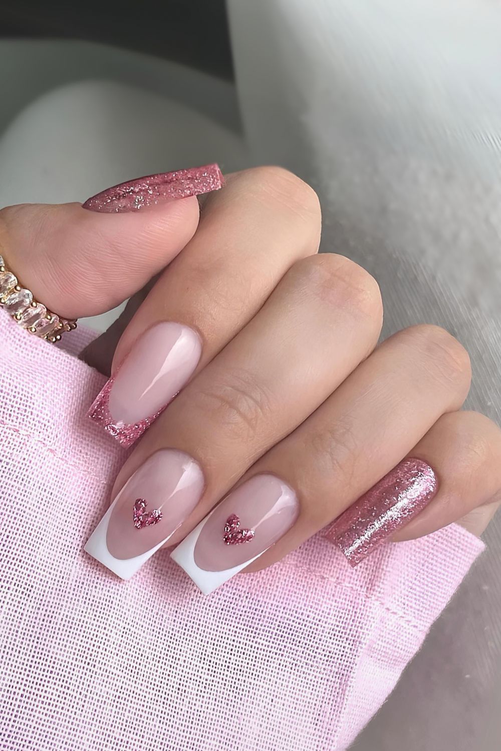 White and pink glitter Valentine nails