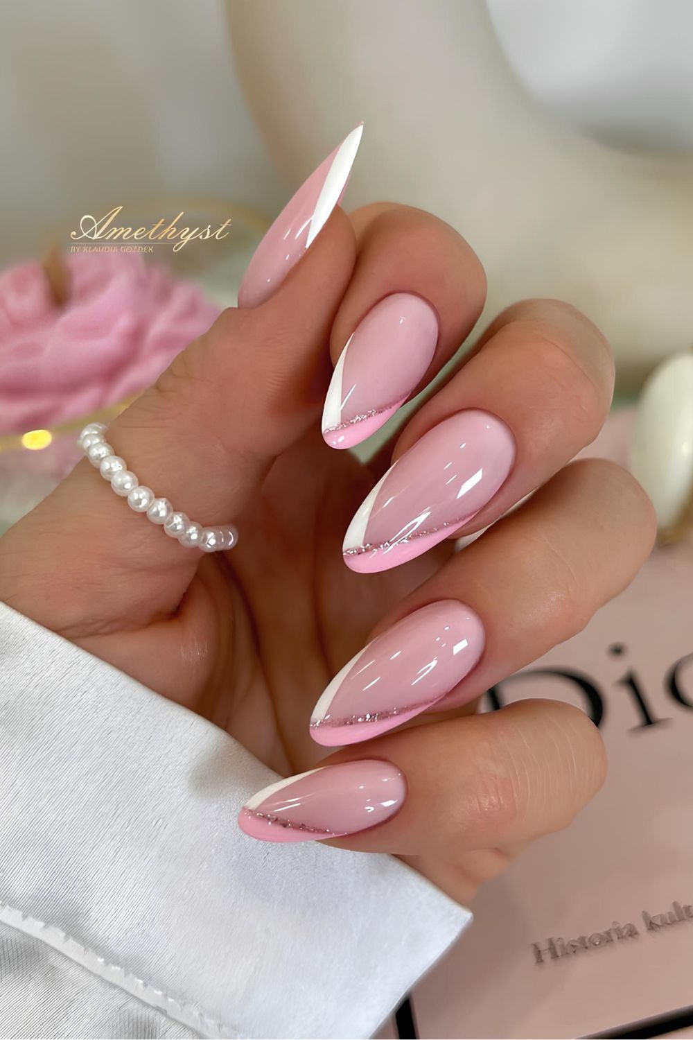 White and pink pointed French tip nails