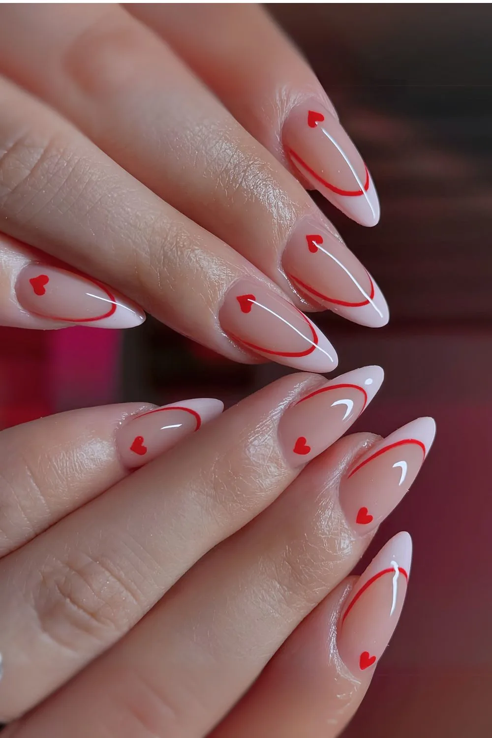 White and red double French tip mani with hearts