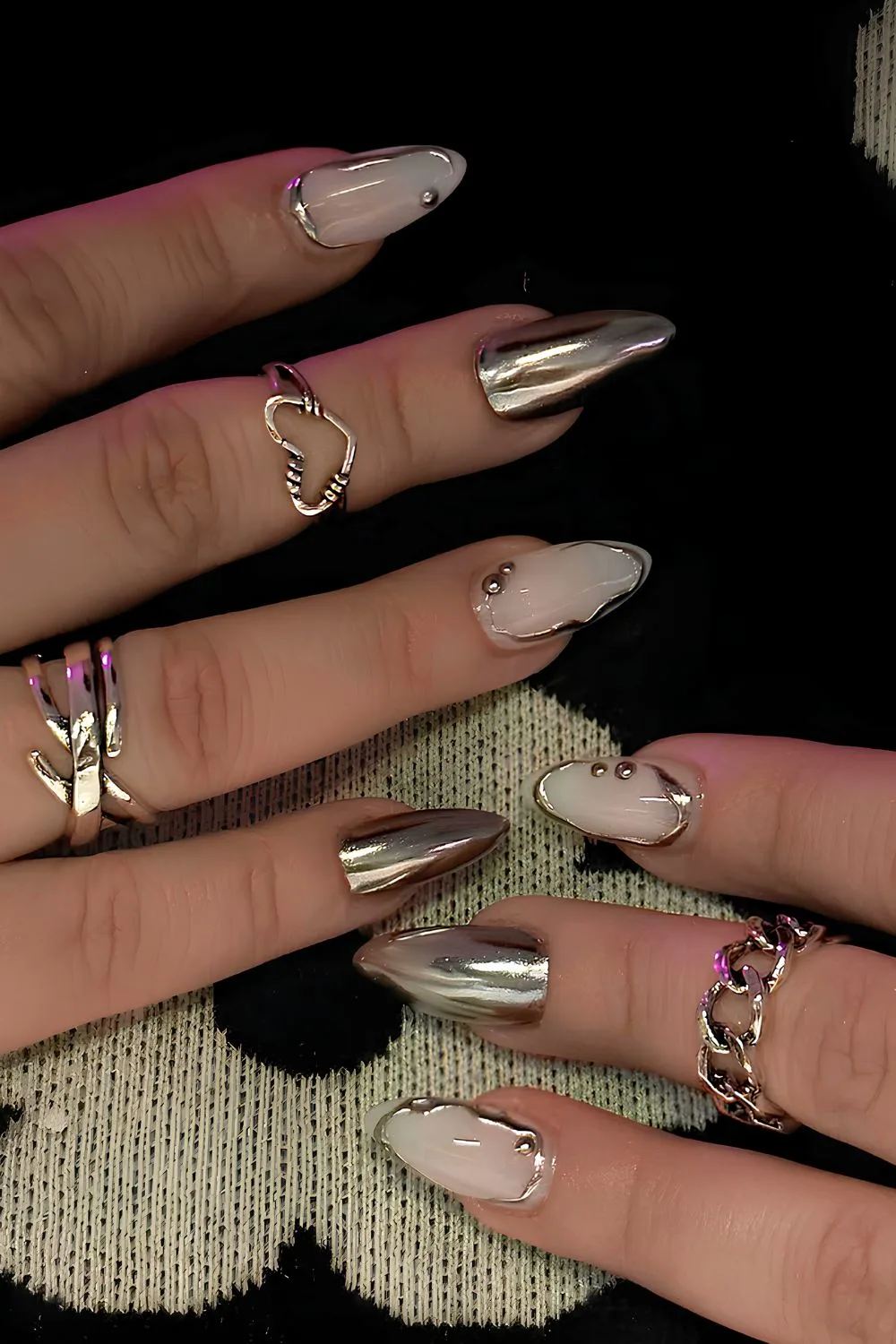 White mani with silver chrome details