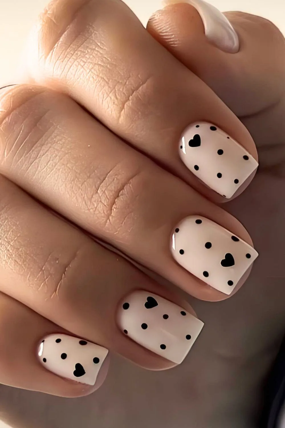 White nails with black heart and dot accents