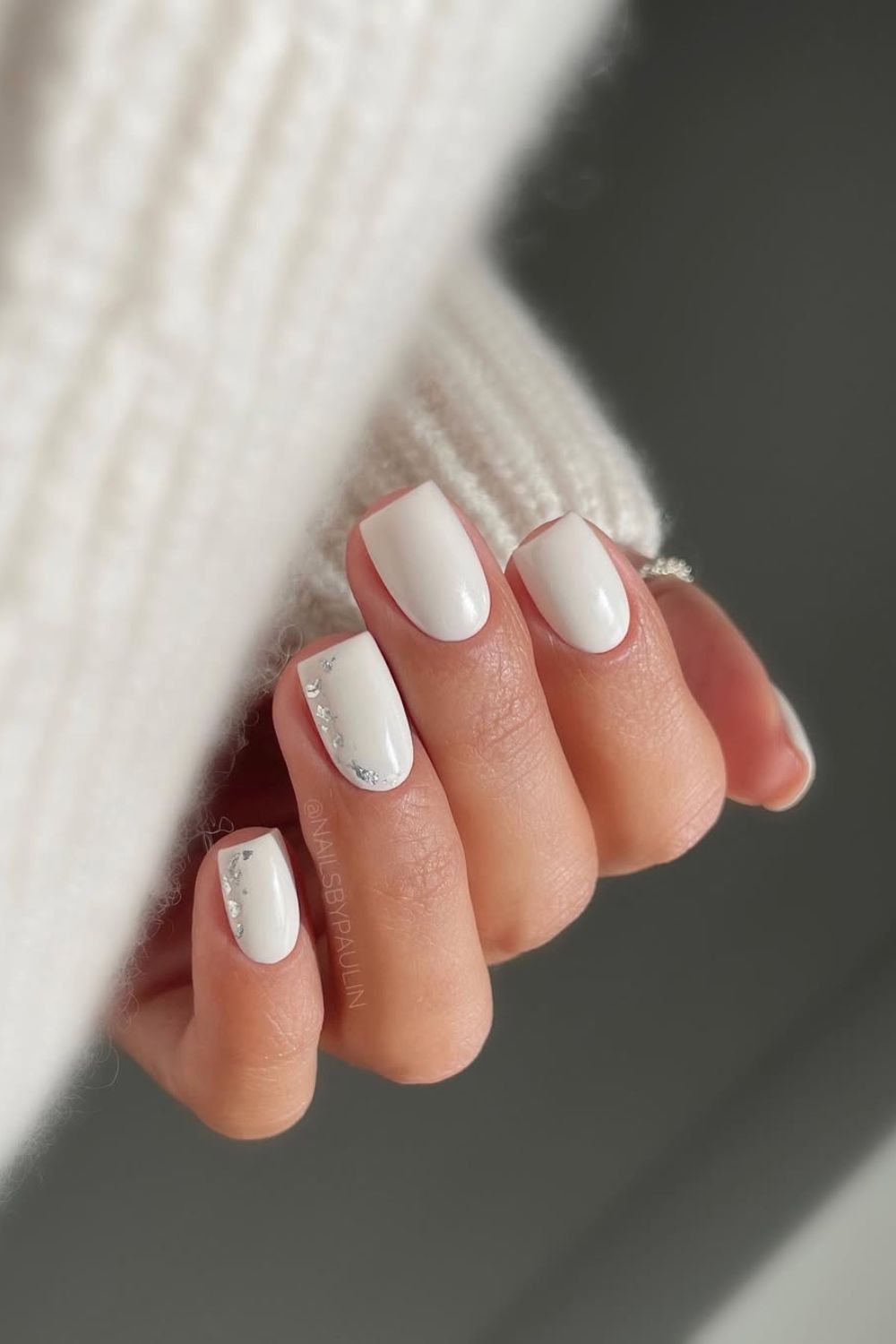 White nails with silver foil accent