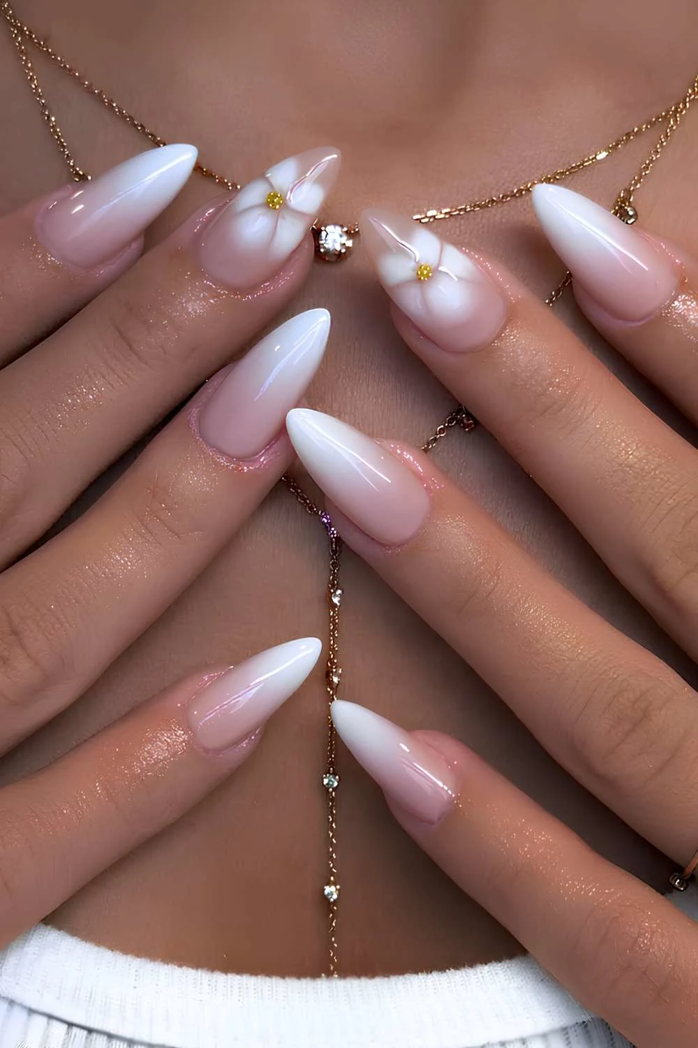 White ombre mani with blooming gel flowers
