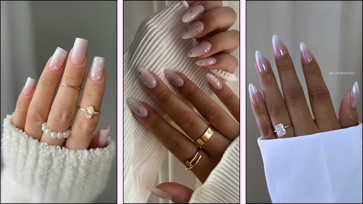 A collage of white ombre nail designs