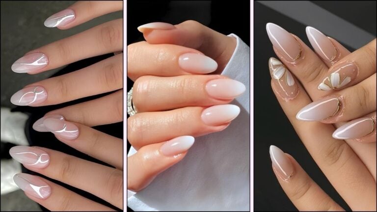A collage of white ombre nail designs