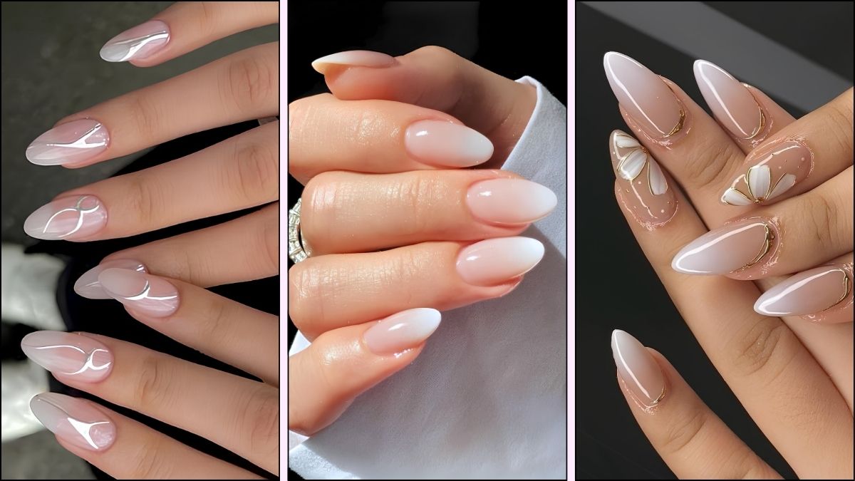 A collage of white ombre nail designs
