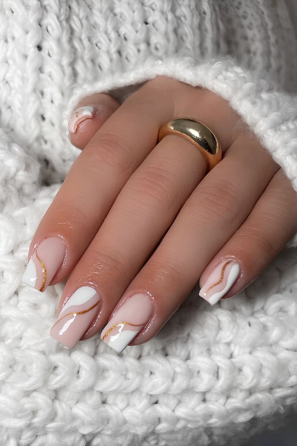 White side French nails with gold lines