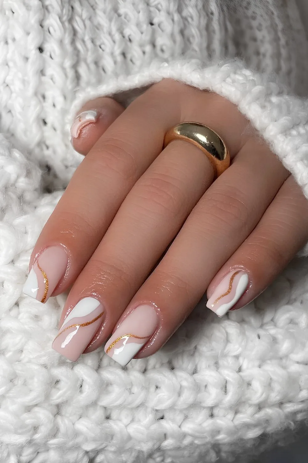 White side French nails with gold lines