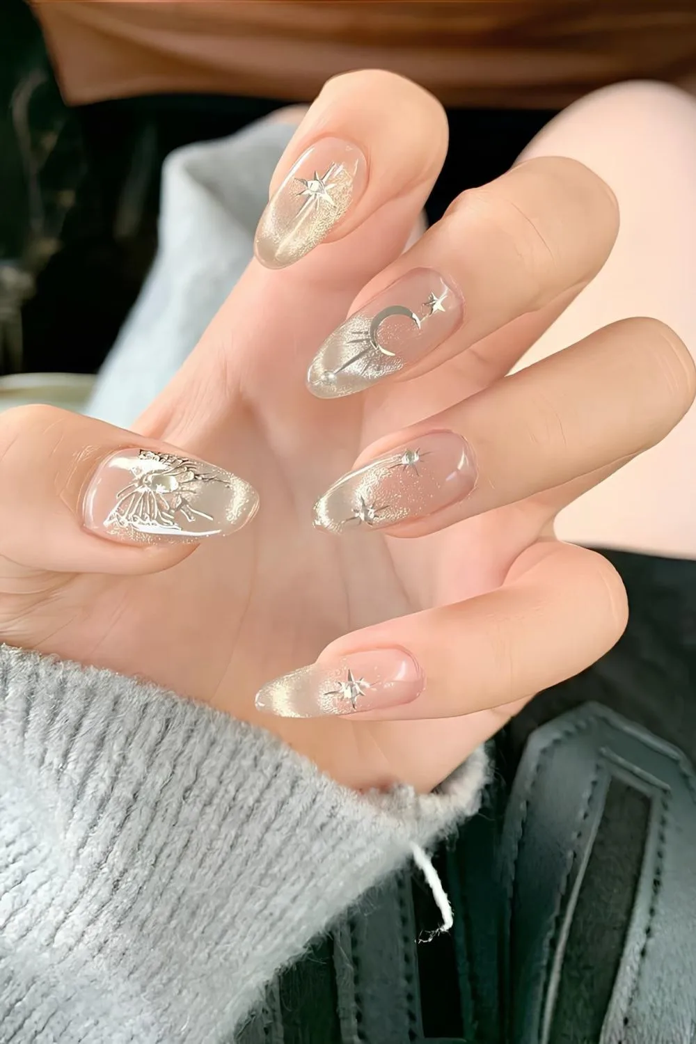 White velvet ombre celestial nails