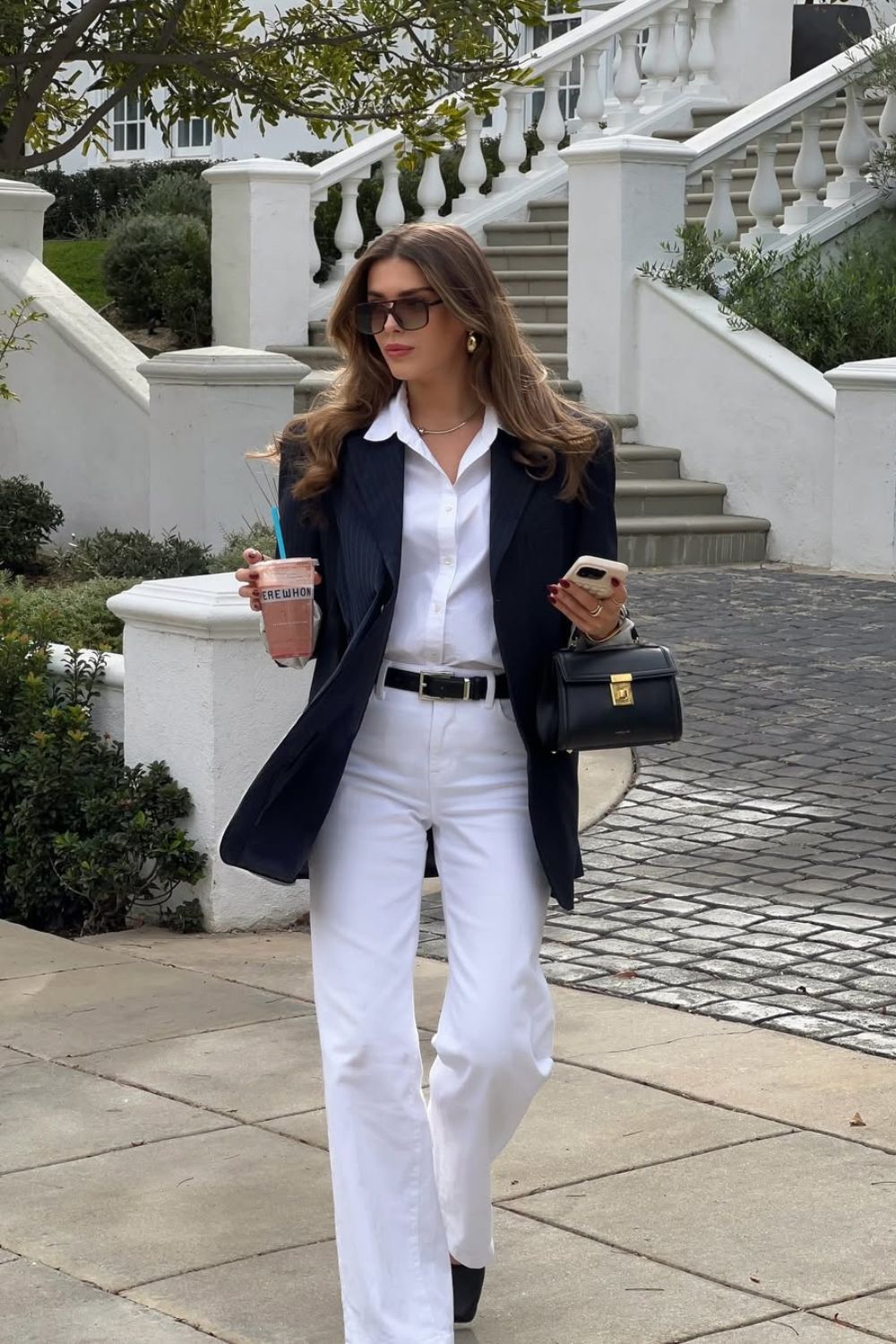 White wide leg jeans with white shirt and black blazer