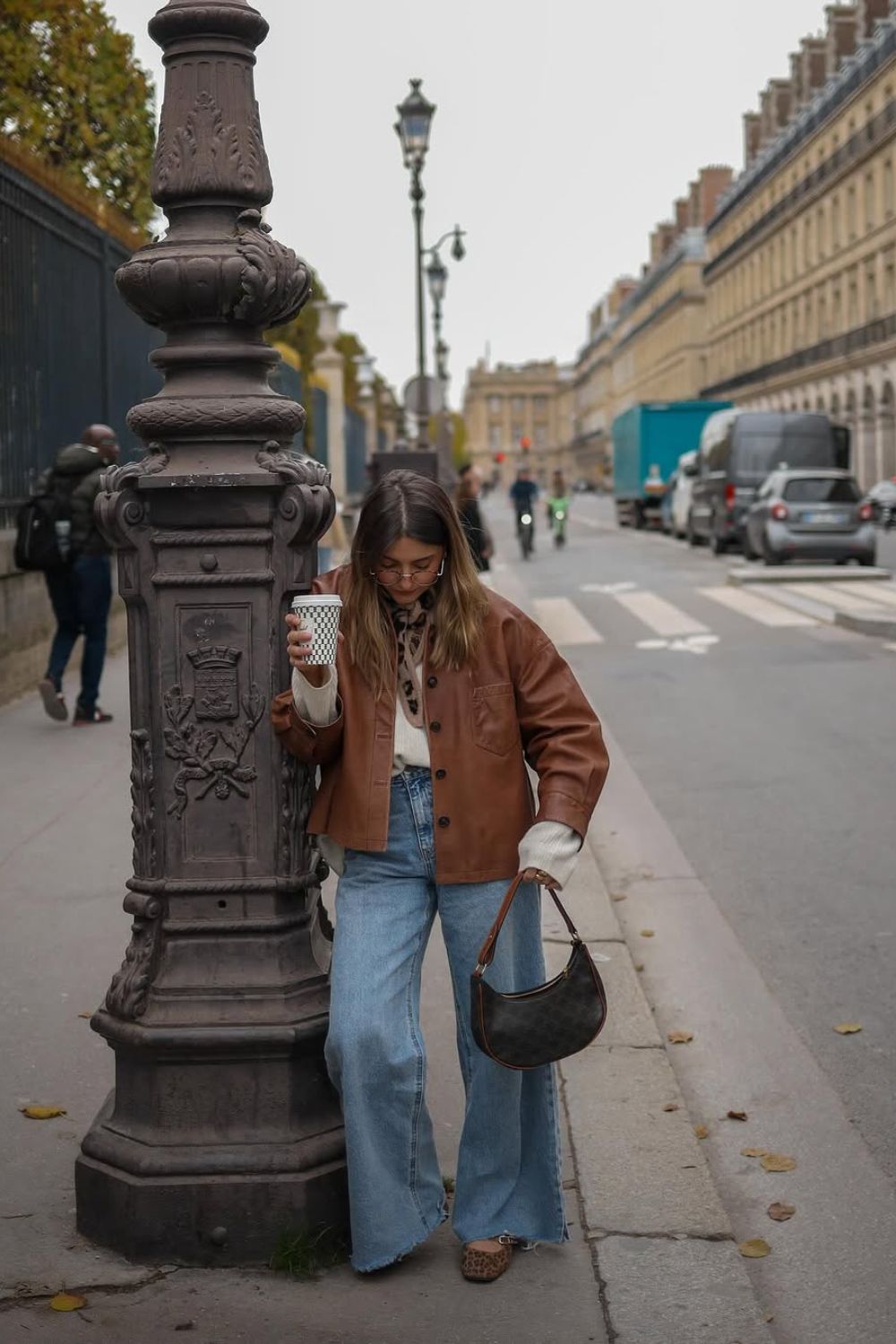 Wide leg jeans and brown jacket