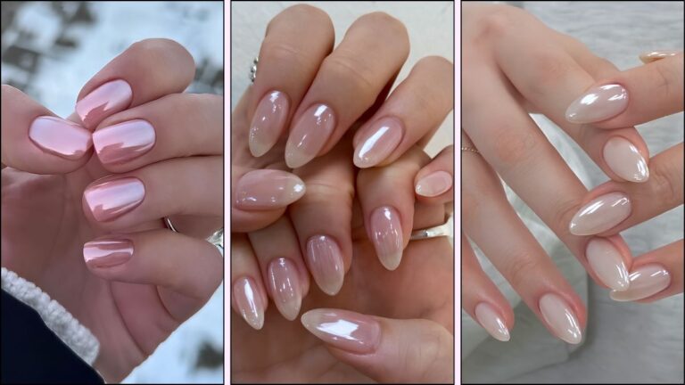 A collage of winter chrome nail designs