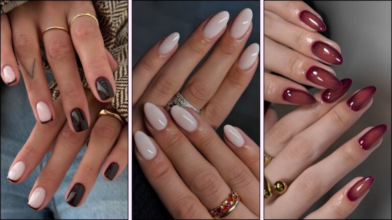 A collage of trendy winter nail colors