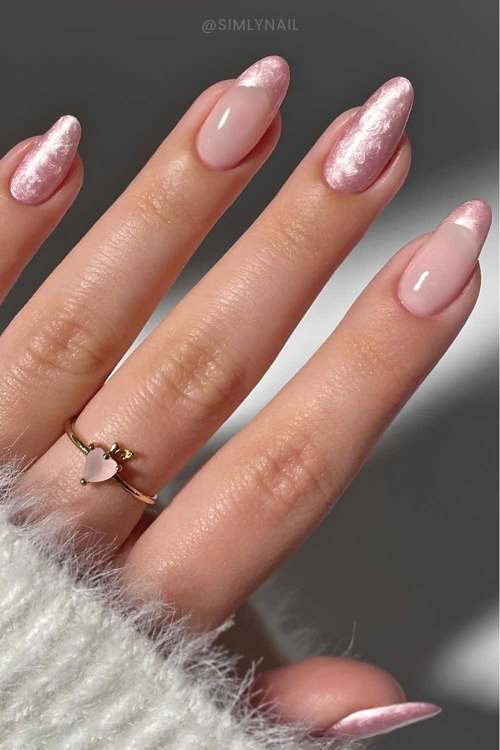 Almond pink pearl swirl nails