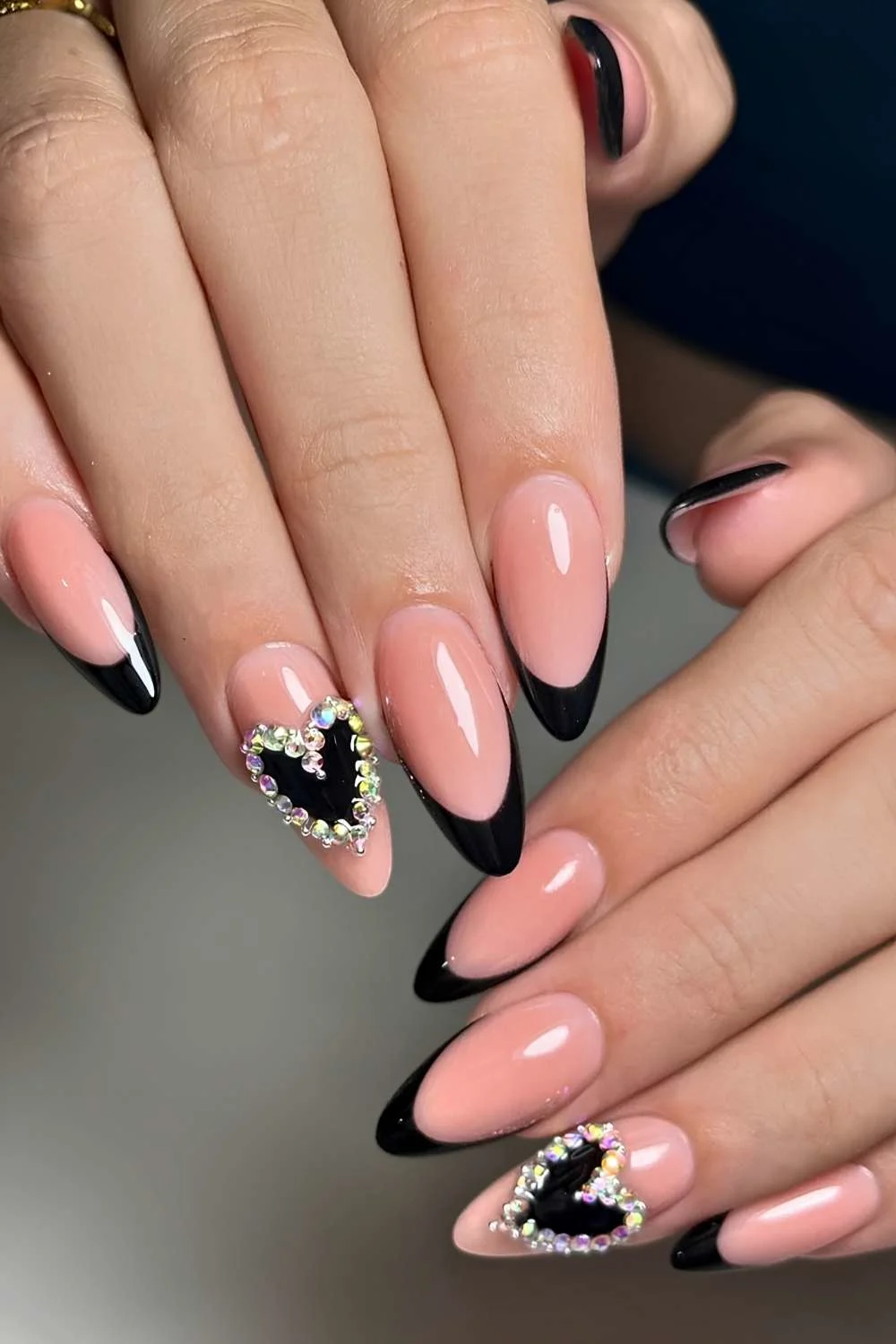 Black French mani with crystal encrusted hearts