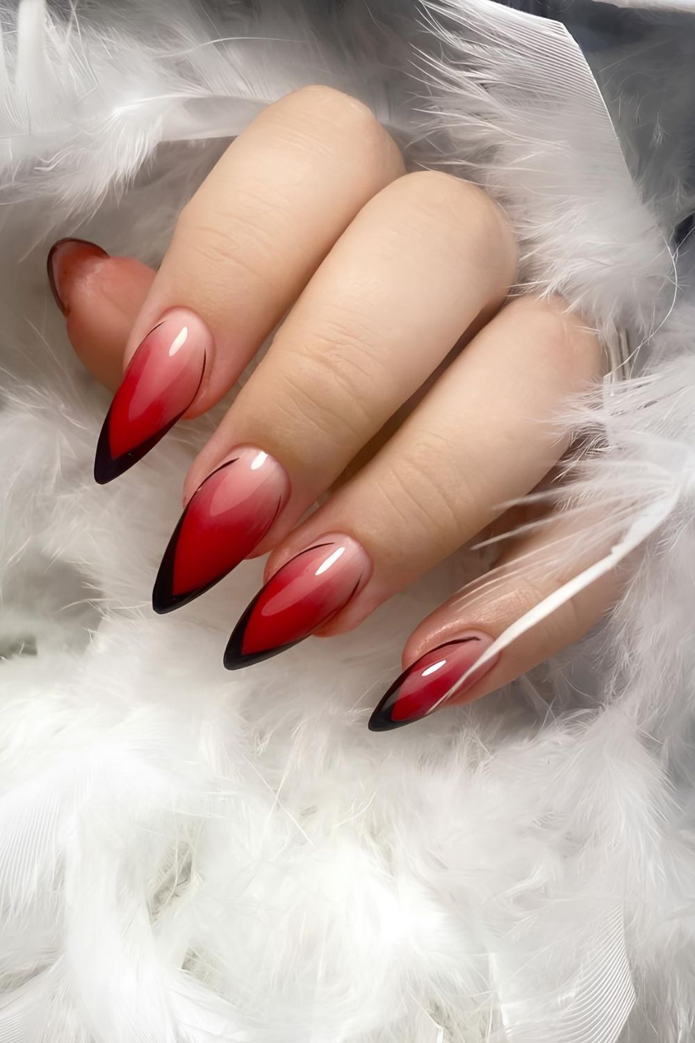 Black French nails with red ombre effect