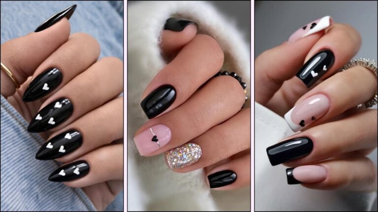 A collage of black manicures for Valentine's Day