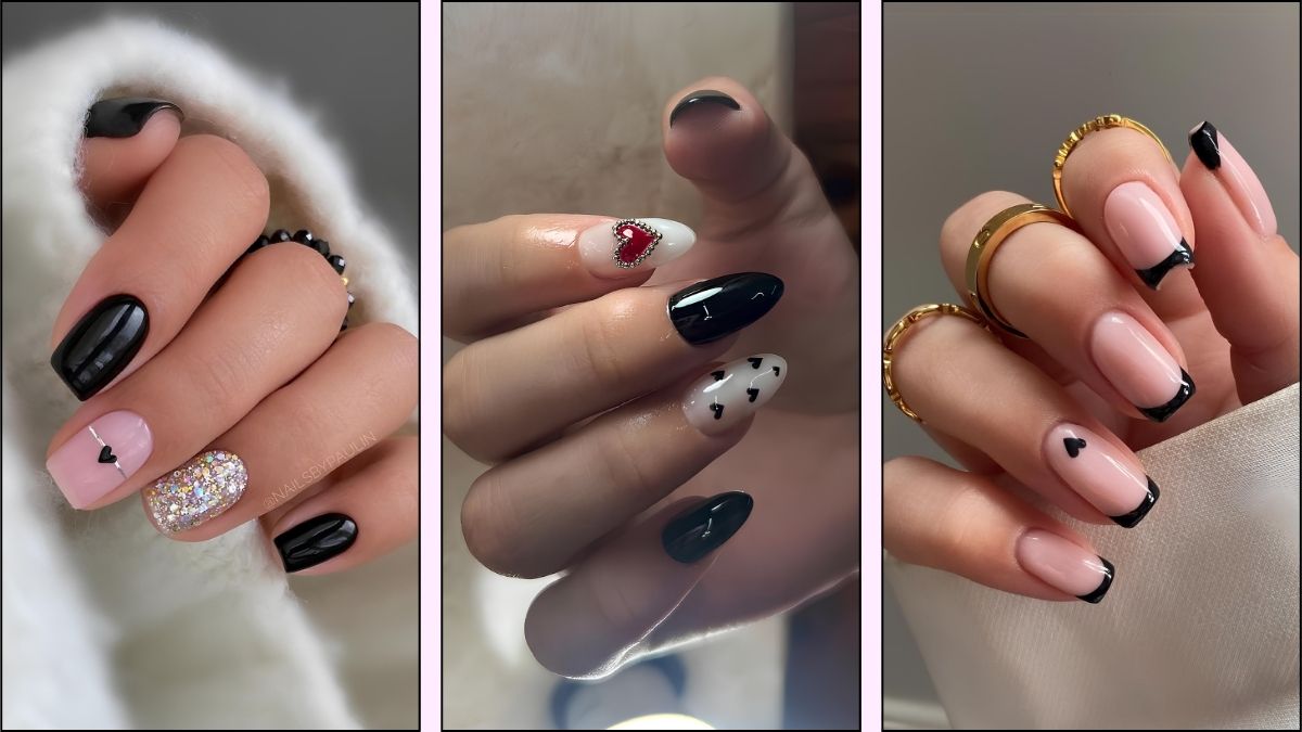 A collage of black Valentine's Day nail designs