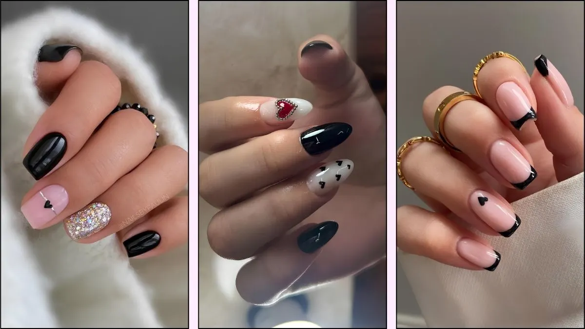 A collage of black Valentine's Day nail designs