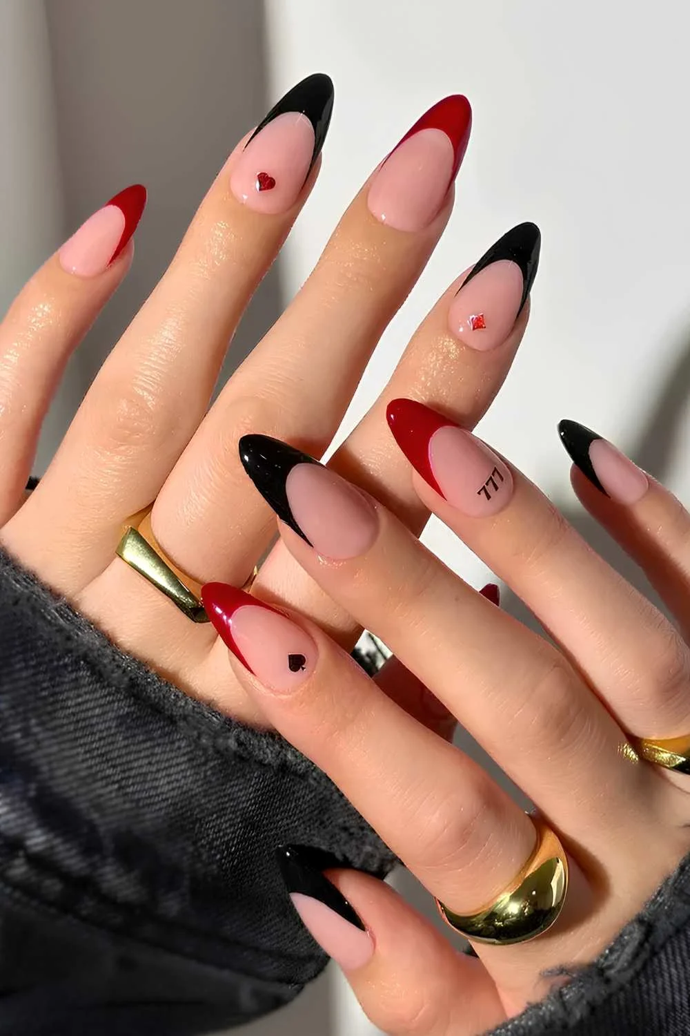 Black and red French mani with lucky seven art