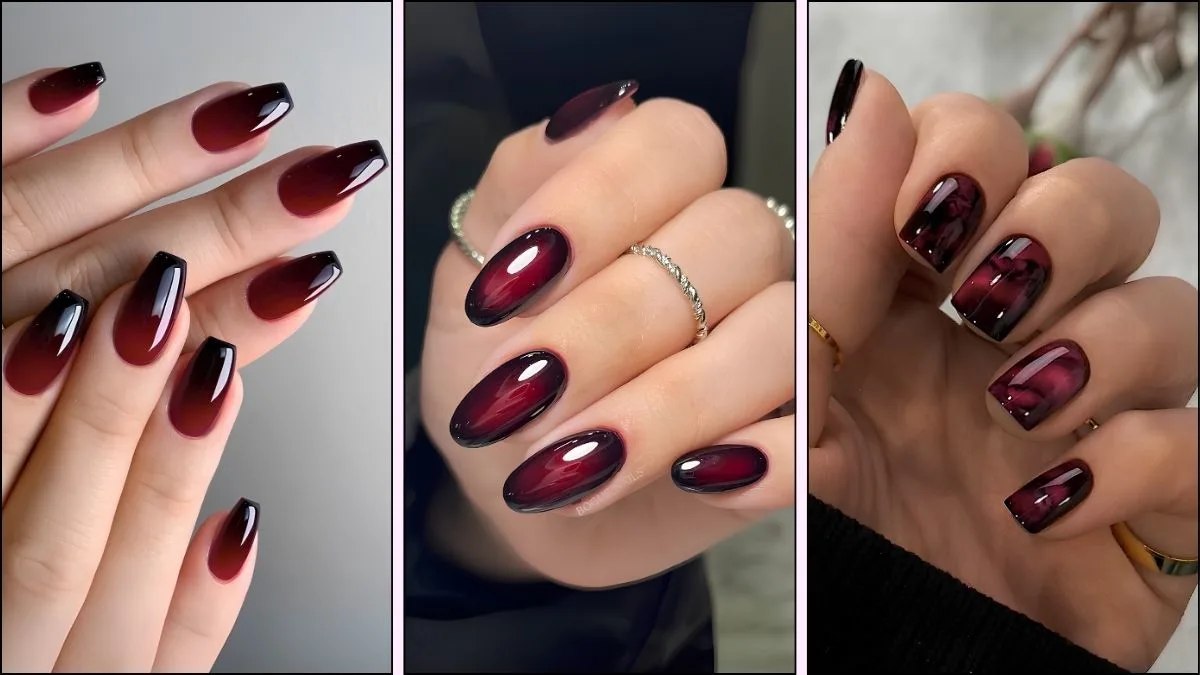 A collage of black and red nail designs