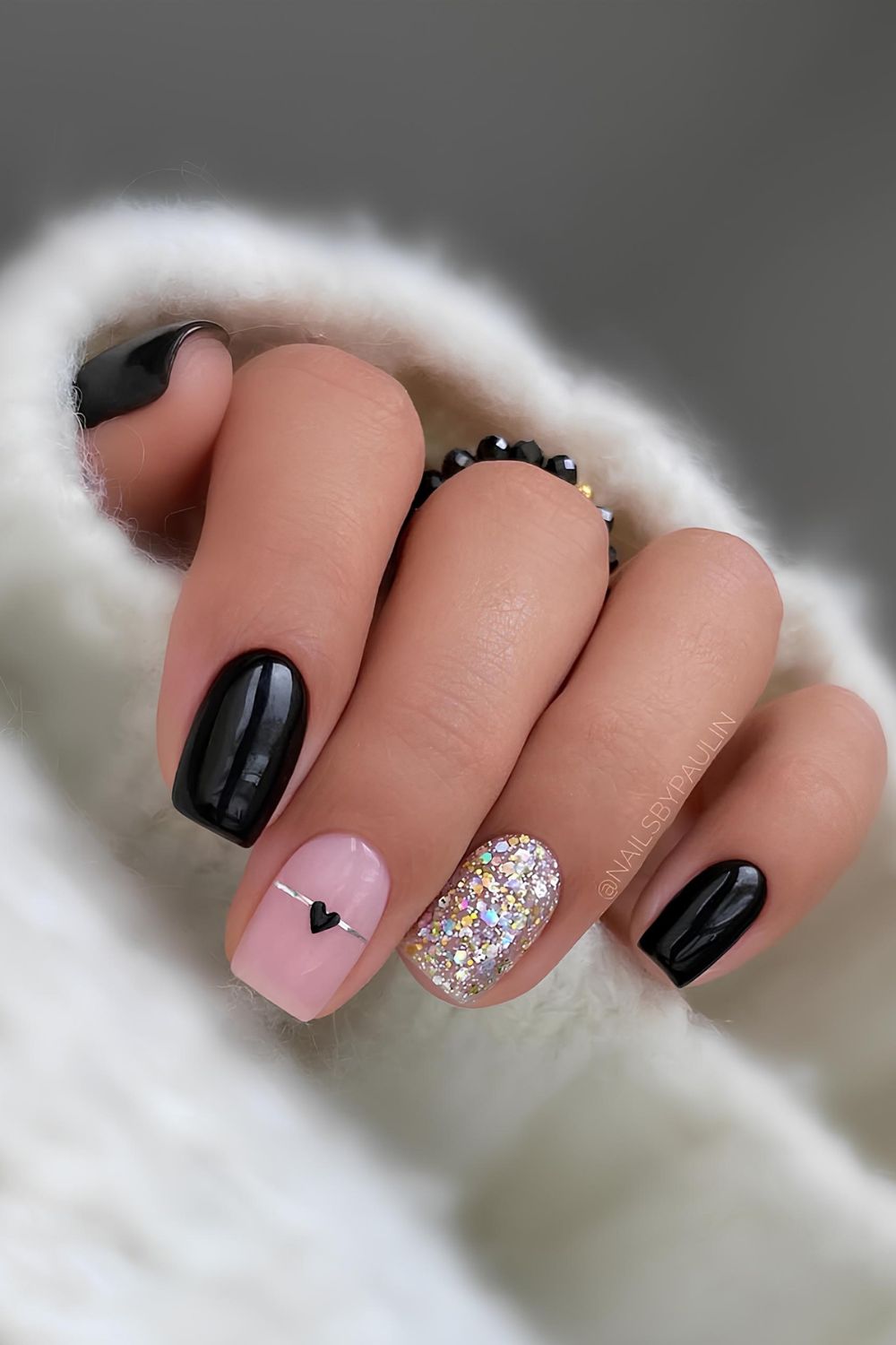 Black mani with glitter and hearts