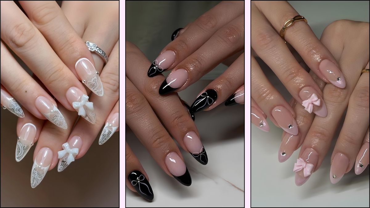 A collage of bow nail designs