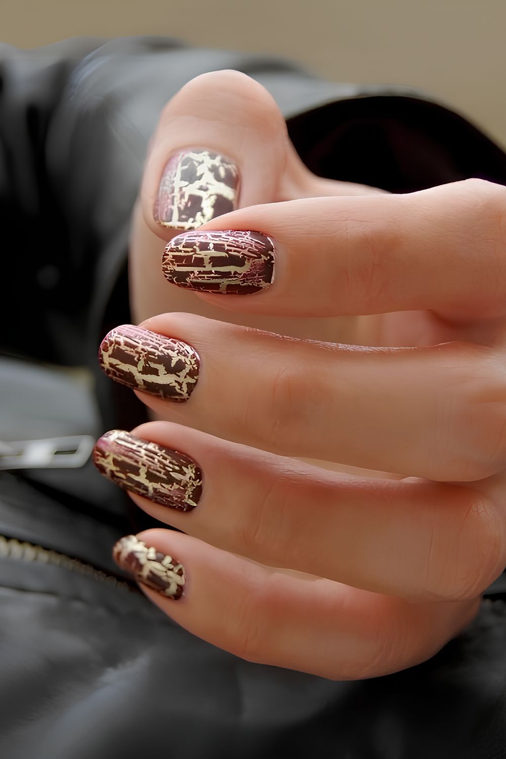 Brown crackle polish manicure