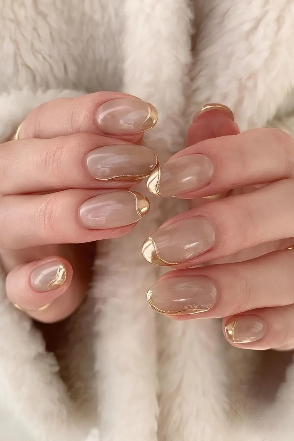 Brown marble nails with gold chrome tips