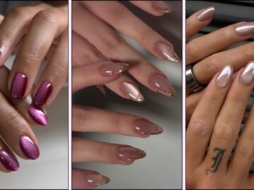 A collage if elegant cat-eye manicures