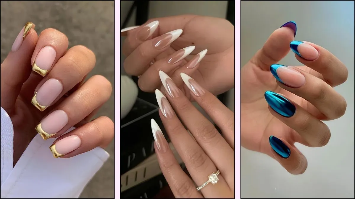 A collage of chrome French tip nail designs