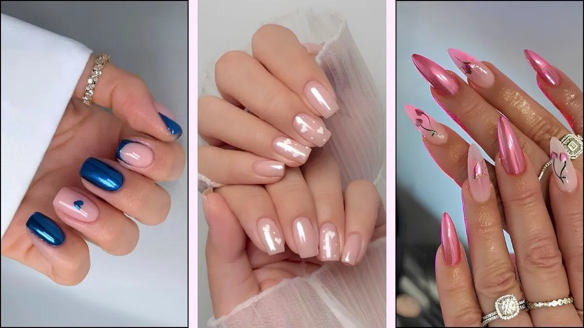 A collage of chrome Valentine's nail designs