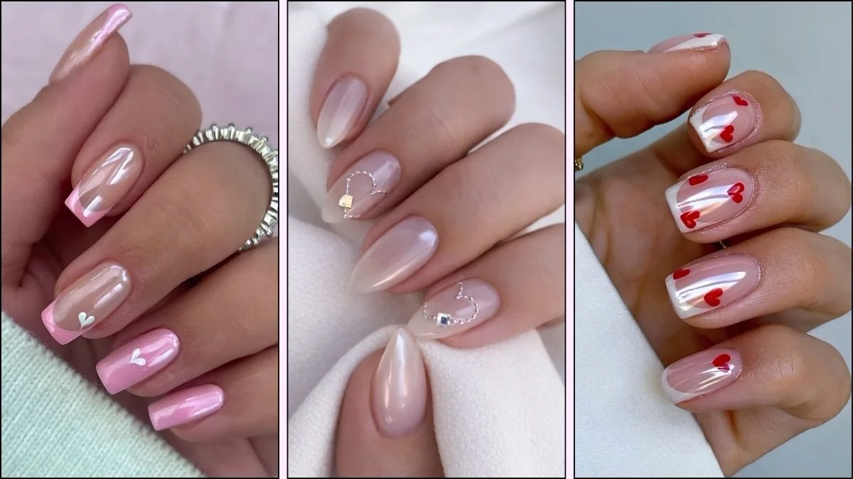 A collage of chrome nail designs for Valentine's Day