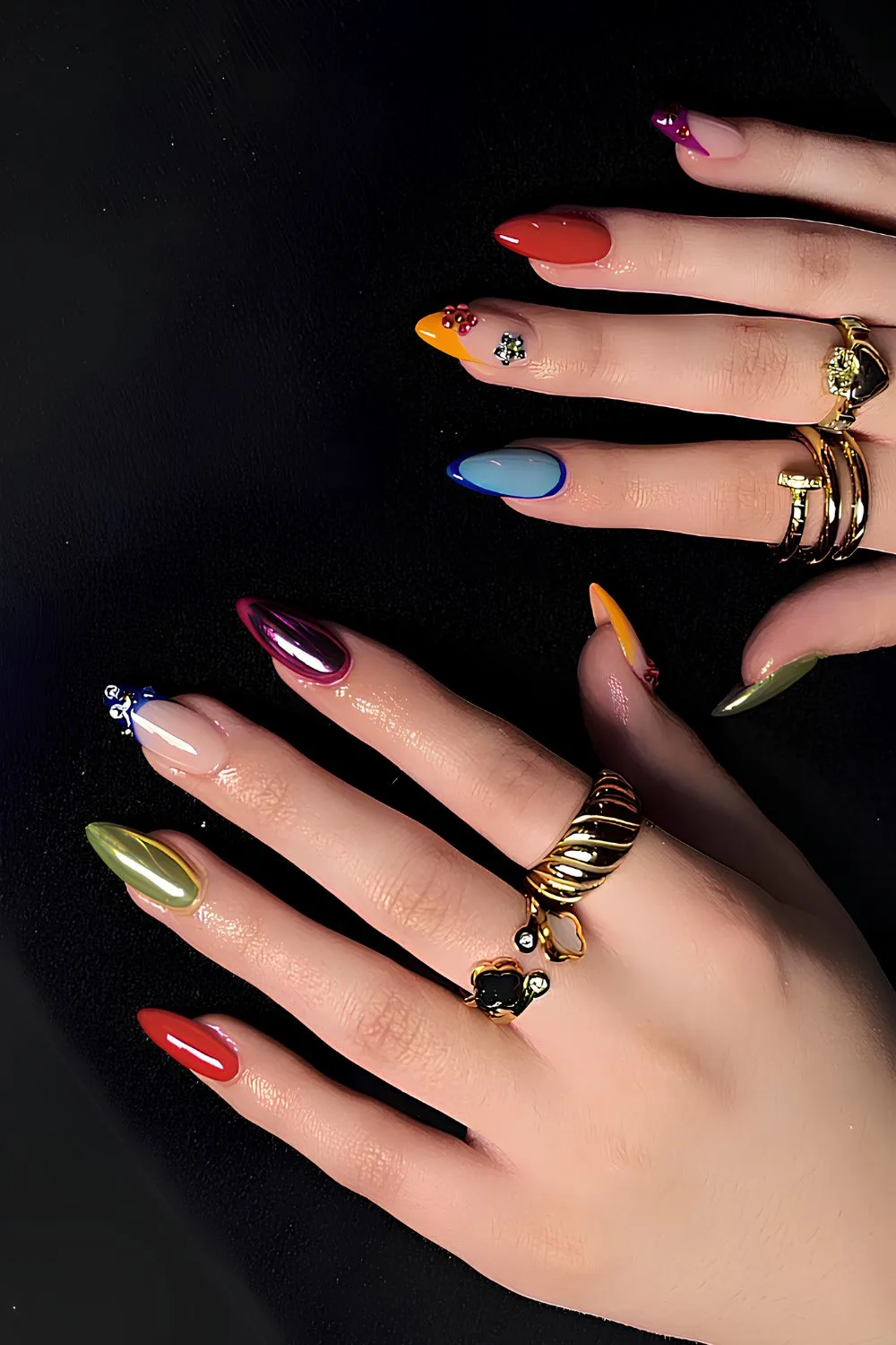 Chrome skittle nails with gems