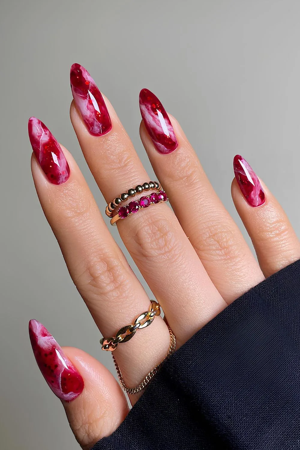 Dark red marble nails with glitter