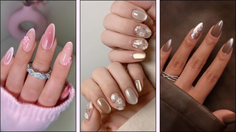 A collage of floral cat eye nail designs