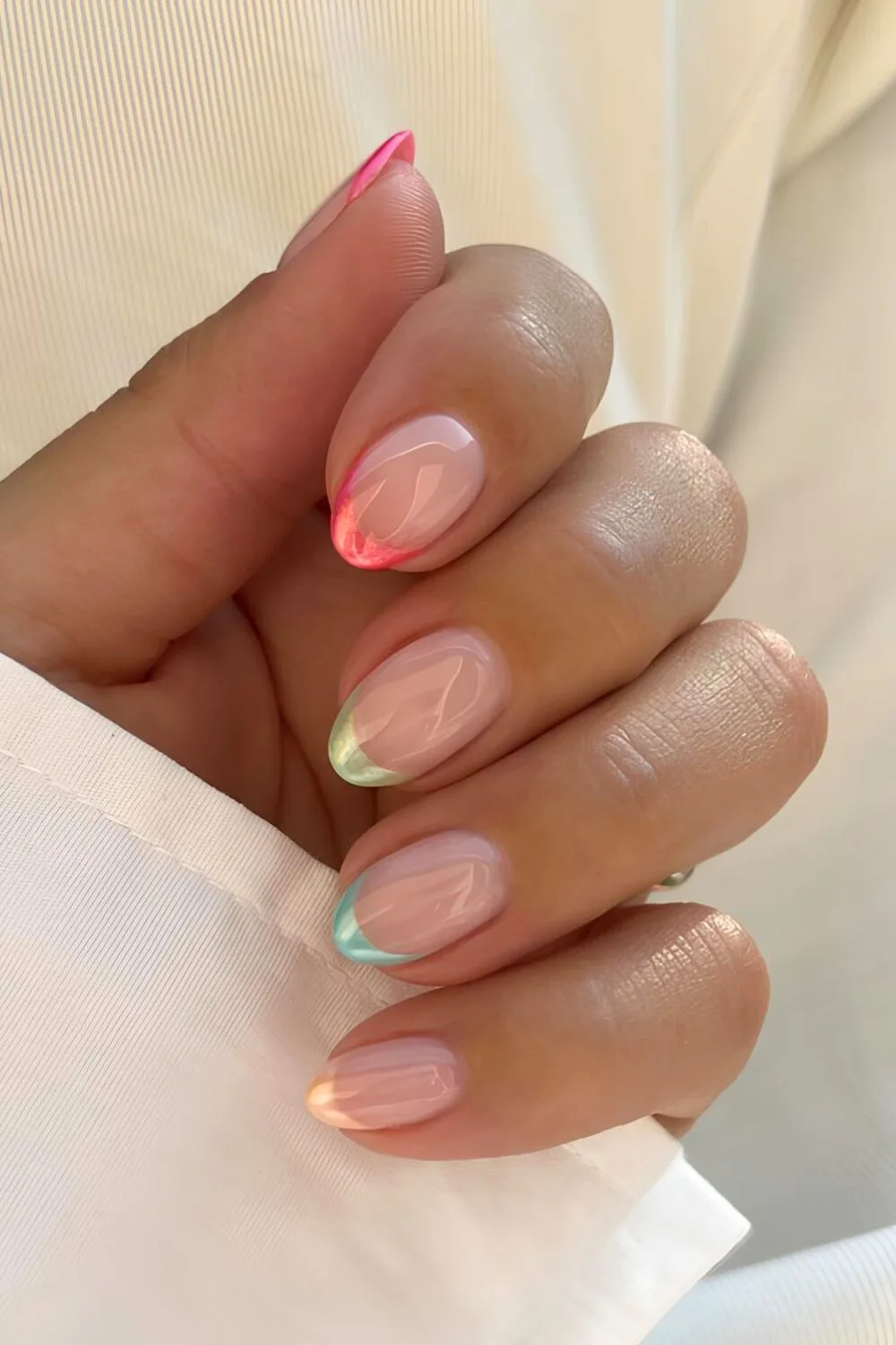 Glazed chrome pastel skittle French tip nails