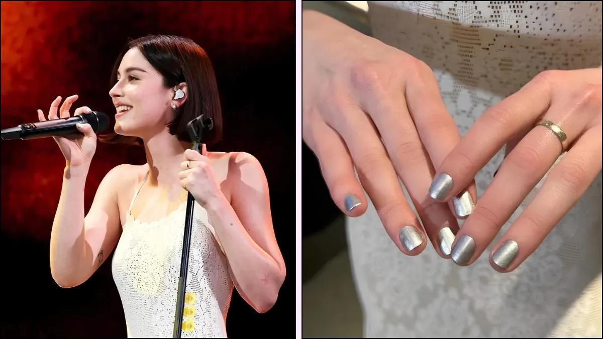 A collage of Gracie Abrams' silver nails while performing